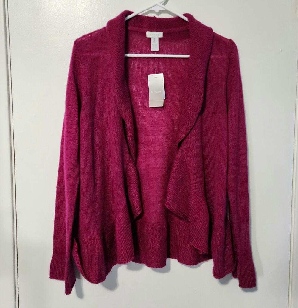 NEW Wool Blend Chico's Magenta Pink Sz 1 Medium Sweater Cardigan Open Ruffle